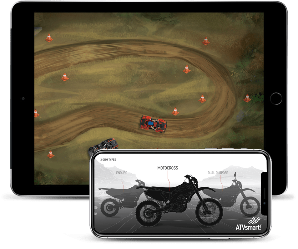 ATVsmart! all-terrain vehicle and dirt bike safety course material on tablet and cellphone. Illustration.